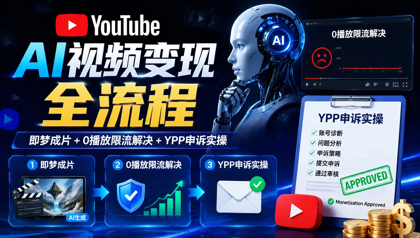 YouTube AI视频变现全流程：即梦成片+0播放限流解决+YPP申诉实操-知峰社
