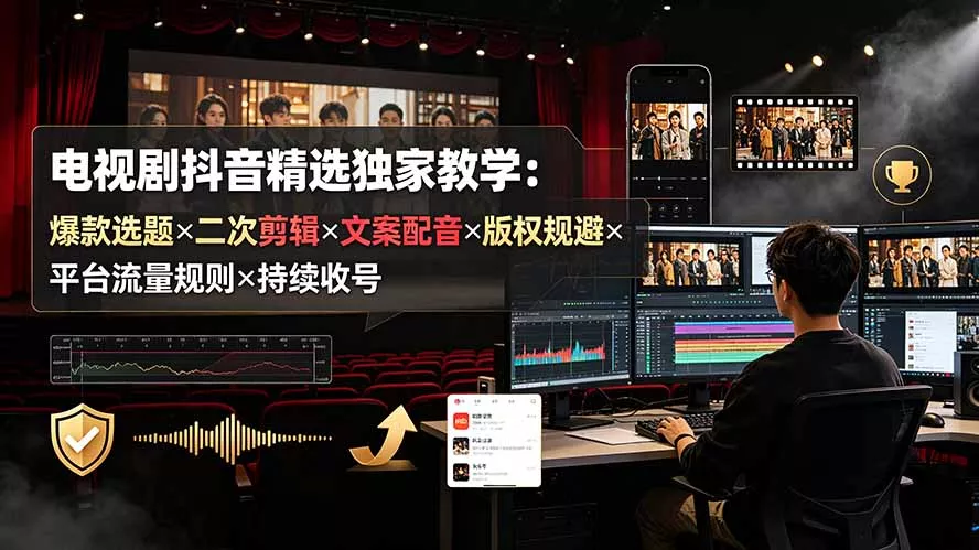 电视剧抖音精选独家教学：爆款选题×二次剪辑×文案配音×版权规避×平台流量规则×持续收益账号-知峰社