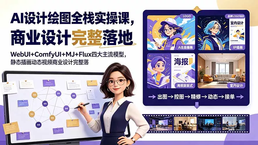 AI设计绘图全栈实操课,WebUI+ComfyUI+MJ+Flux四大主流模型,静态插画动态视频商业设计完整落地教程-知峰社