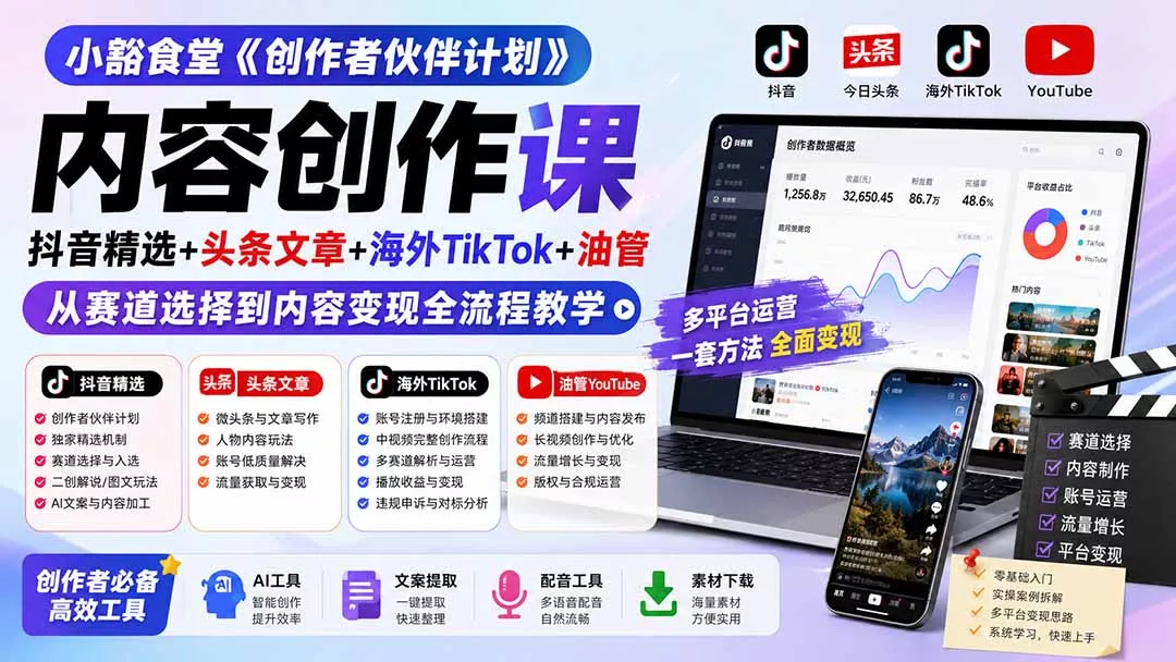 小豁食堂《创作者伙伴计划》内容创作课:抖音精选+头条文章+海外TikTok+油管,从赛道选择到内容变现全流程教学-知峰社