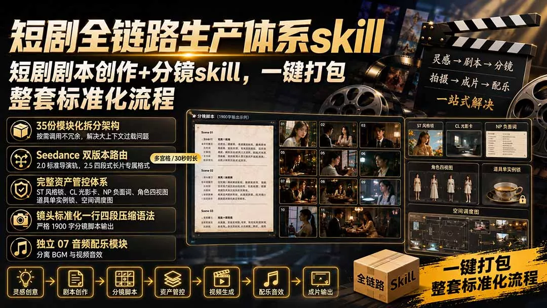 短剧全链路生产体系skill，短剧剧本创作+分镜skill，一键打包，整套标准化流程-知峰社