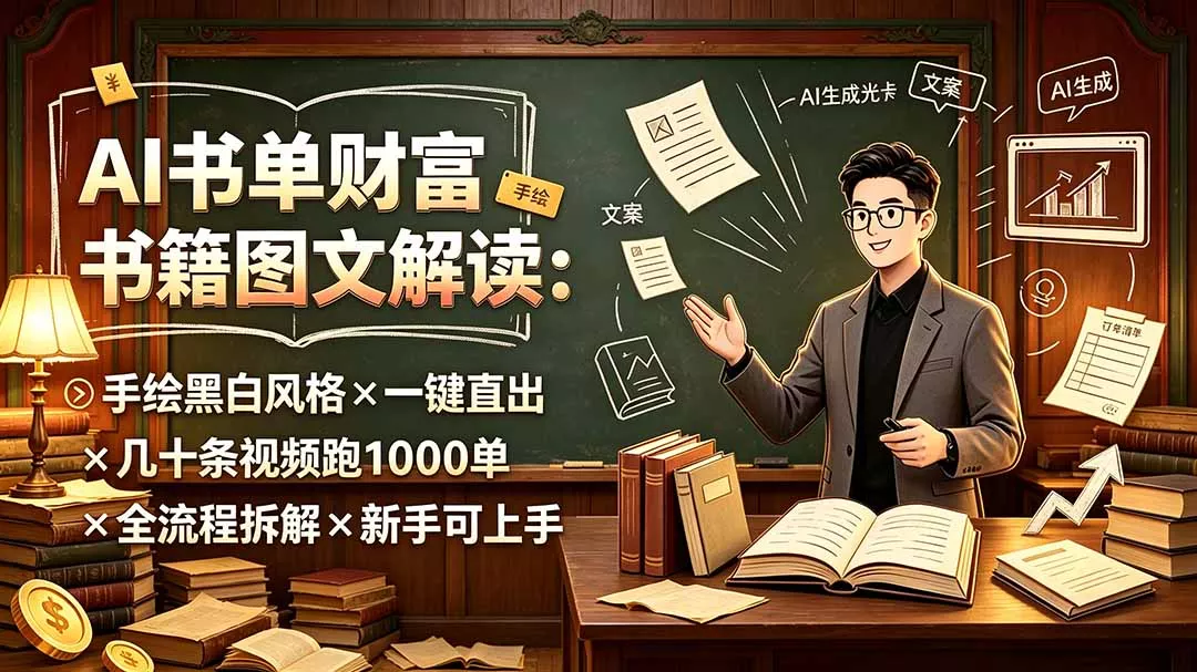 AI书单财富书籍图文解读:手绘黑白风格×一键直出×几十条视频跑1000单×全流程拆解×新手可上手-知峰社