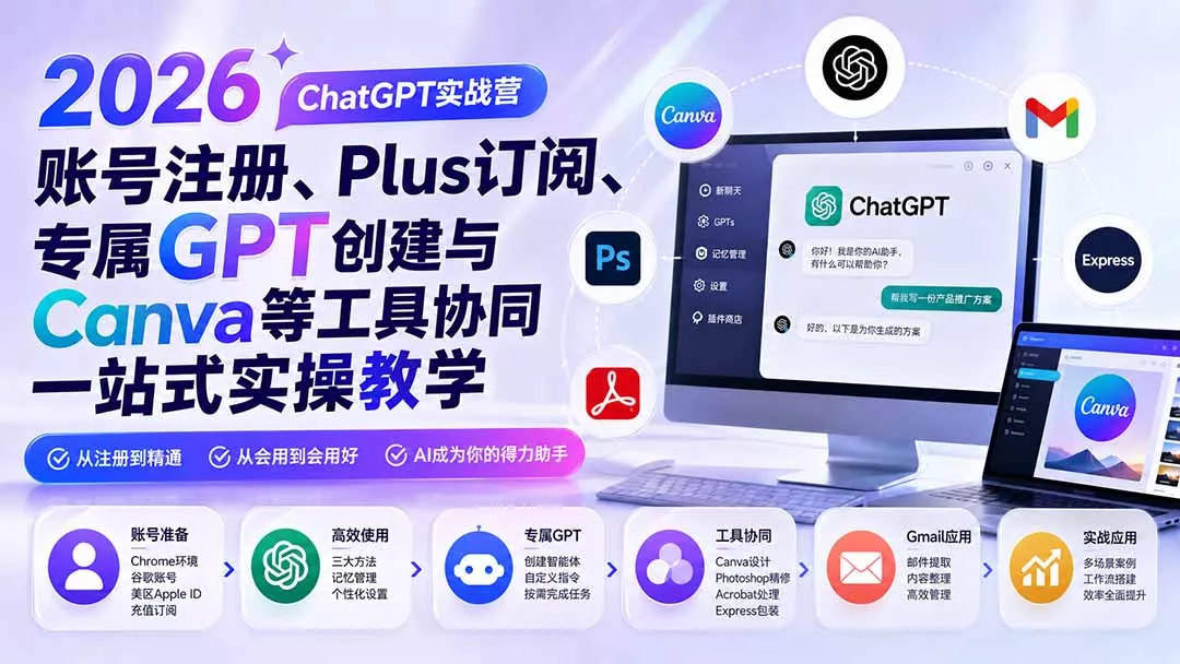 2026 ChatGPT实战营;账号注册、Plus订阅、专属GPT创建与Canva等工具协同一站式实操教学-知峰社