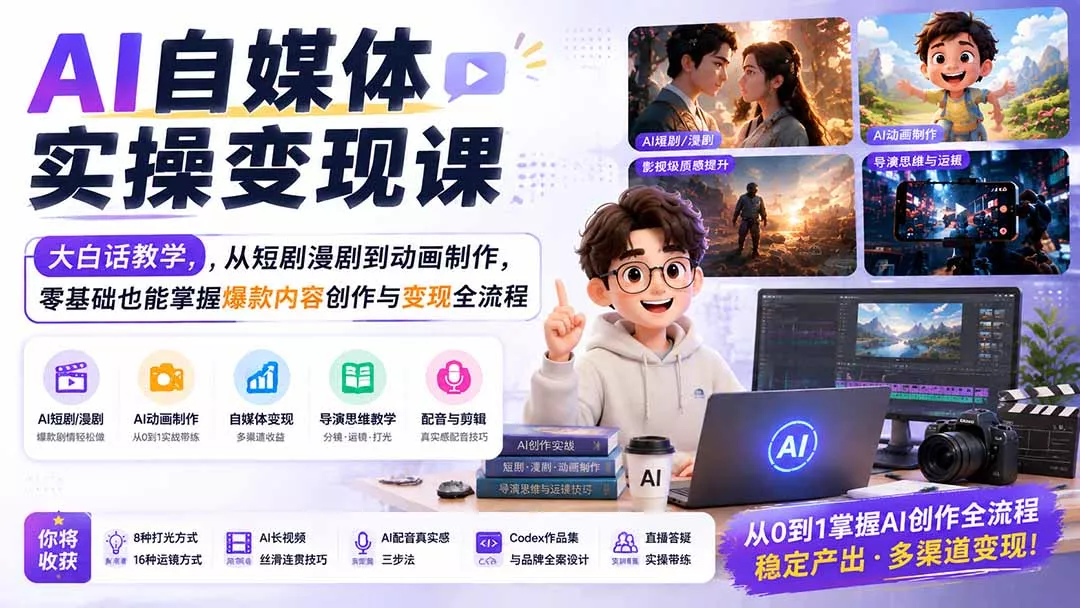 AI自媒体实操变现课|大白话教学,从短剧漫剧到动画制作,零基础也能掌握爆款内容创作与变现全流程-知峰社
