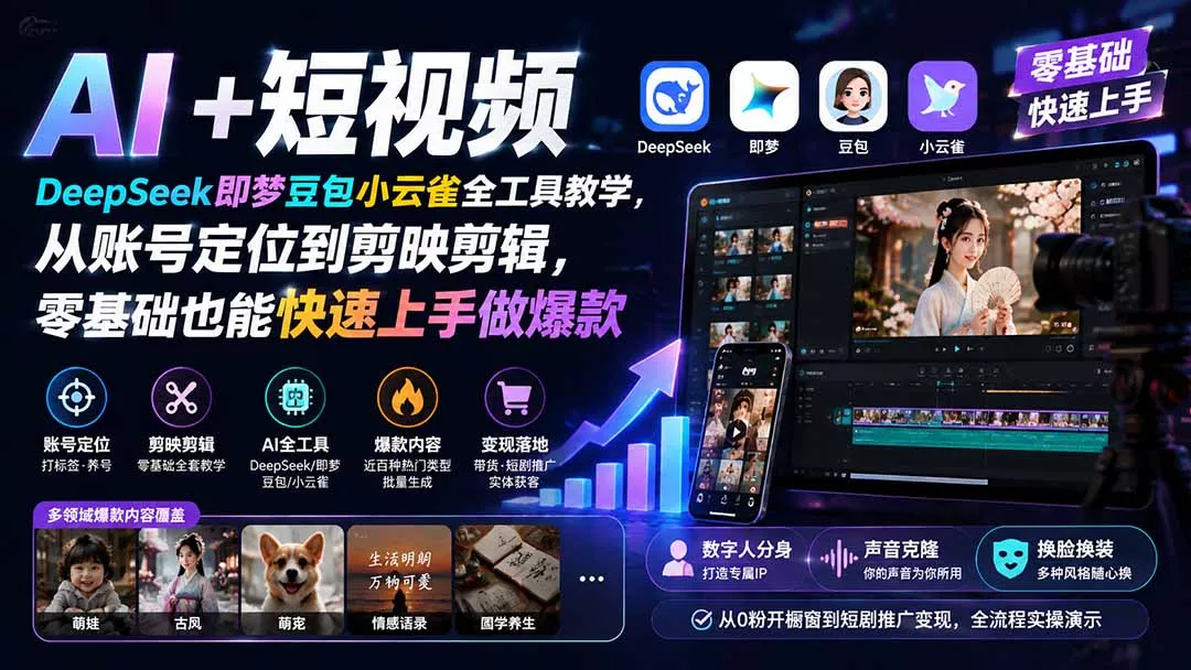 AI+短视频|DeepSeek即梦豆包小云雀全工具教学,从账号定位到剪映剪辑,零基础也能快速上手做爆款-知峰社