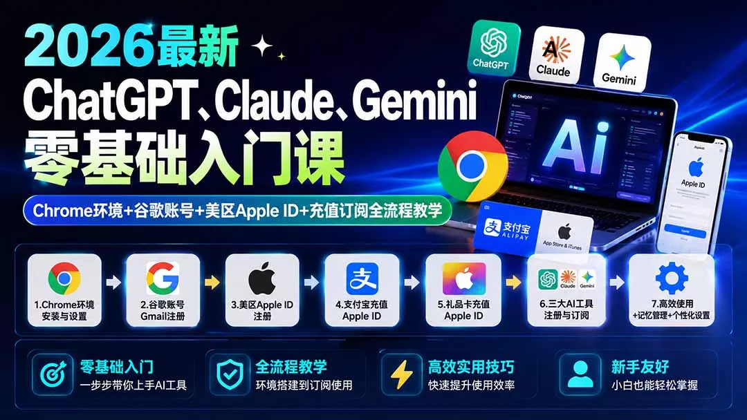 2026最新ChatGPT、Claude、Gemini零基础入门课:Chrome环境+谷歌账号+美区Apple ID+充值订阅全流程教学-知峰社