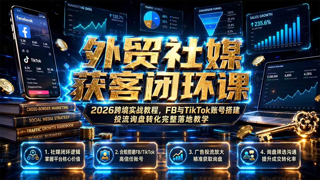 外贸社媒获客闭环课|2026跨境实战教程,FB与TikTok账号搭建投流询盘转化完整落地教学-知峰社