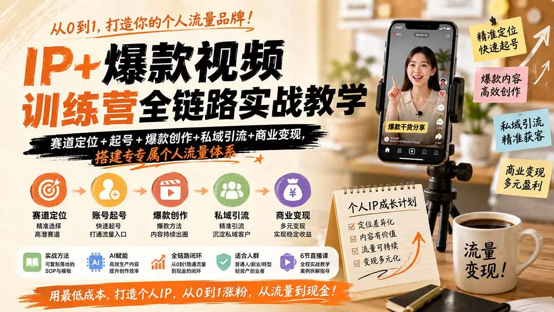 IP+爆款视频训练营全链路实战教学;赛道定位+起号+爆款创作+私域引流+商业变现,搭建专属个人流量体系-知峰社