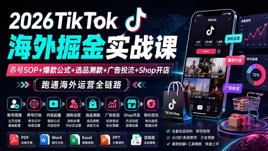 2026TikTok海外掘金实战课——养号SOP+爆款公式+选品测款+广告投流+Shop开店,跑通海外运营全链路-知峰社