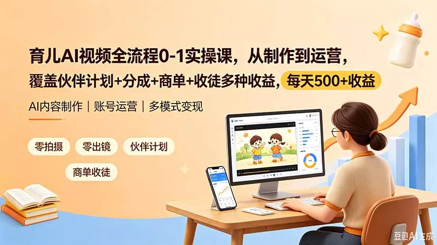育儿AI视频全流程0-1实操课,从制作到运营,覆盖伙伴计划+分成+商单+收徒多种收益,每天500+收益-知峰社