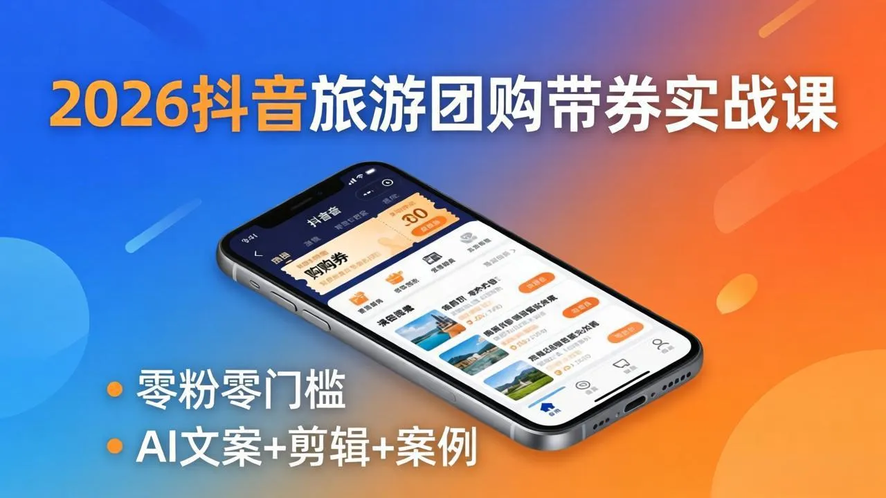 2026抖音旅游团购带券实战课：零粉零门槛，AI文案+剪辑+案例，躺着赚门票佣金-知峰社