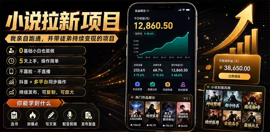抖音及多平台小说拉新项目:我亲自跑通并持续带徒弟实操|0基础小白5天上手快速变现-知峰社