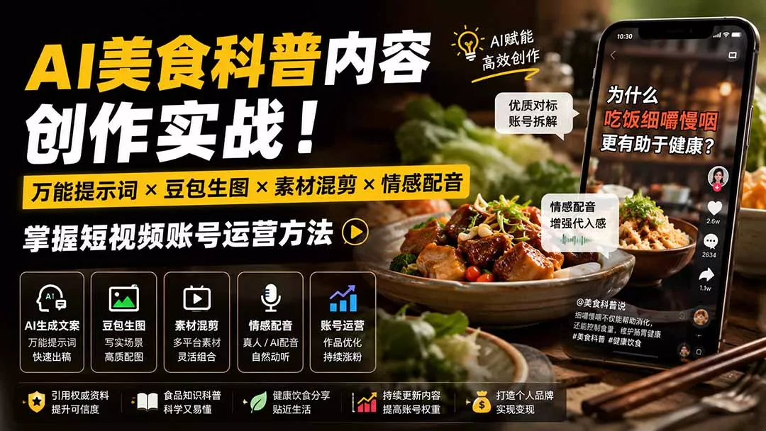 外面卖199元-AI美食科普内容创作实战!万能提示词×豆包生图×素材混剪×情感配音,掌握短视频账号运营方法-知峰社