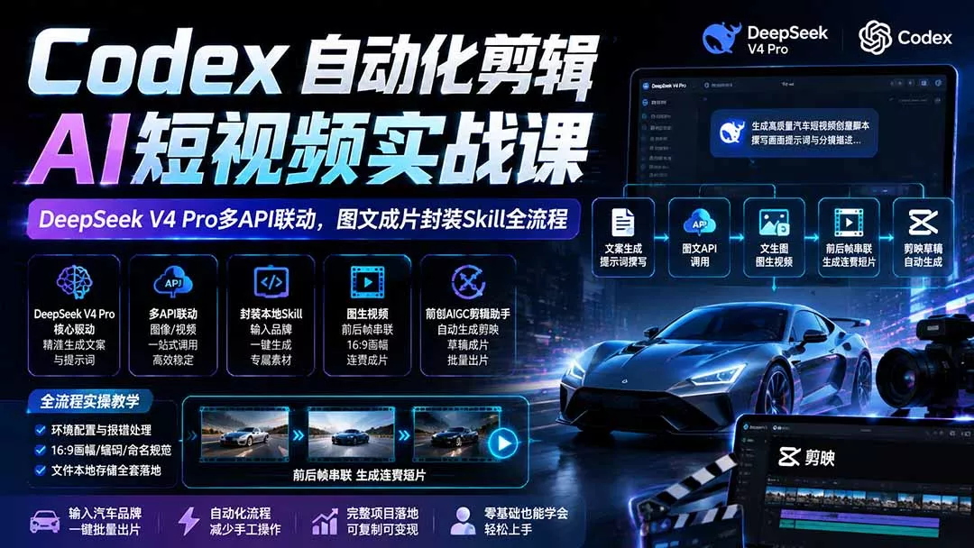 Codex自动化剪辑AI短视频实战课｜DeepSeek V4 Pro多API联动，图文成片封装Skill全流程-知峰社