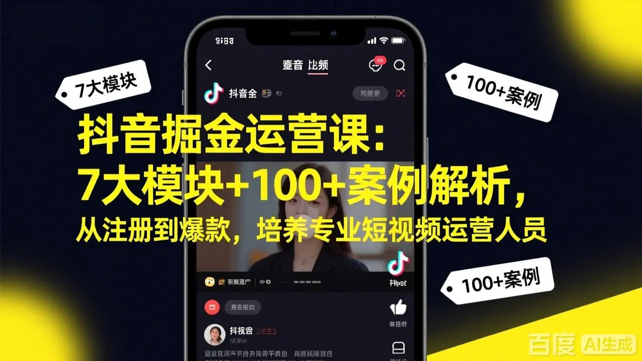 抖音掘金运营课：7大模块+100+案例解析，从注册到爆款，培养专业短视频运营人员-知峰研习社