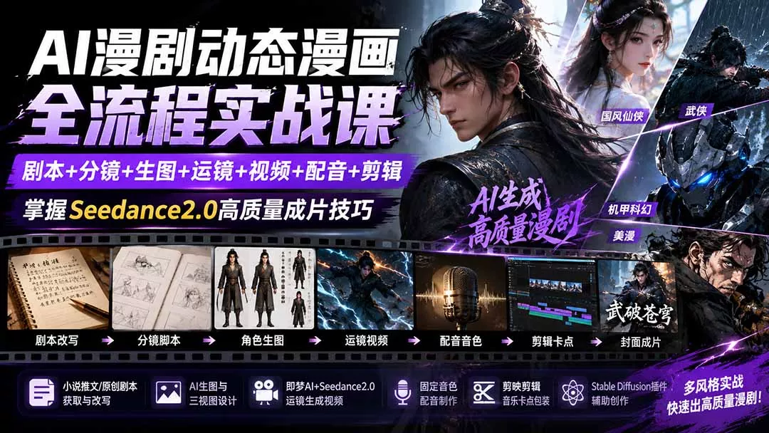AI漫剧动态漫画全流程实战课：剧本+分镜+生图+运镜+视频+配音+剪辑，掌握Seedance2.0高质量成片技巧-知峰社