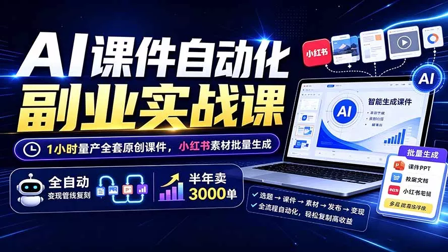 AI课件自动化副业实战课:1小时量产全套原创课件×小红书素材批量生成×全自动变现管线×半年卖3000单-知峰社
