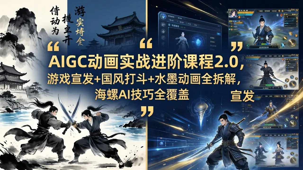 AIGC动画实战进阶课程2.0，游戏宣发+国风打斗+水墨动画全拆解，海螺AI技巧全覆盖-知峰社