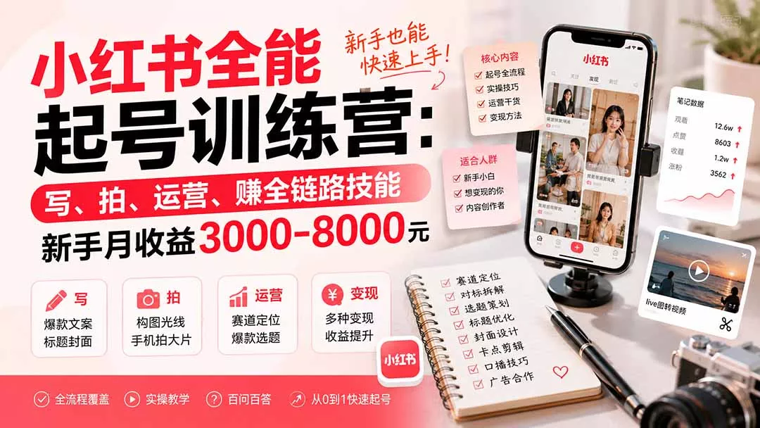 小红书全能起号训练营-更新：写、拍、运营、赚全链路技能，新手月收益3000-8000元-知峰社