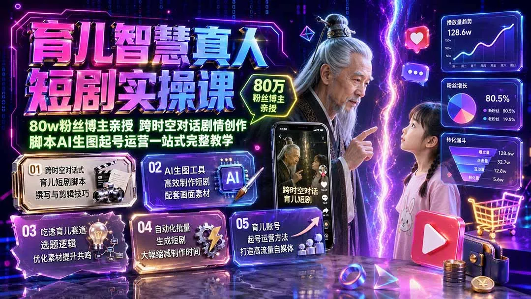 育儿智慧真人短剧实操课｜80w粉丝博主亲授，跨时空对话剧情创作，脚本AI生图起号运营一站式完整教学-知峰社