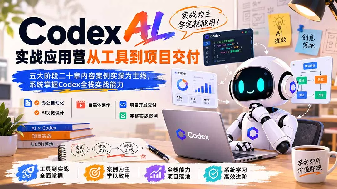 Codex AI实战应用营从工具到项目交付；五大阶段二十章内容案例实操为主线，系统掌握Codex全栈实战能力-知峰社