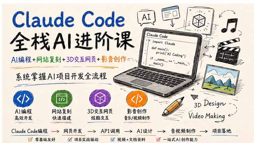 Claude Code全栈AI进阶课；AI编程+网站复刻+3D交互网页+影音创作，系统掌握AI项目开发全流程-知峰社