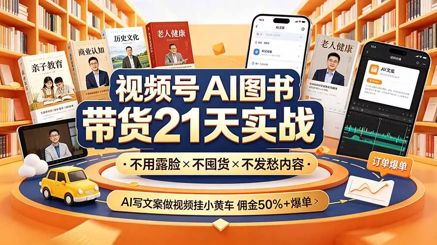 视频号AI图书带货21天实战:不用露脸×不囤货×不发愁内容,AI写文案做视频挂小黄车,佣金50%+爆单-知峰社