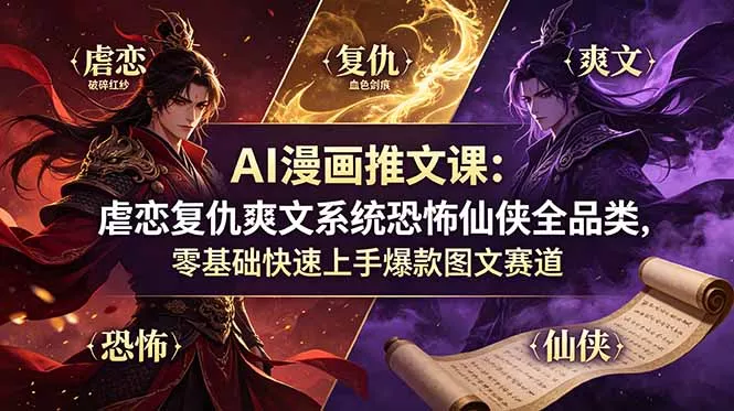 AI漫画推文课：虐恋复仇爽文系统恐怖仙侠全品类，零基础快速上手爆款图文赛道-知峰社