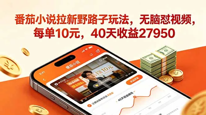 番茄小说拉新野路子玩法，无脑怼视频，每单10元，40天收益27950-知峰社