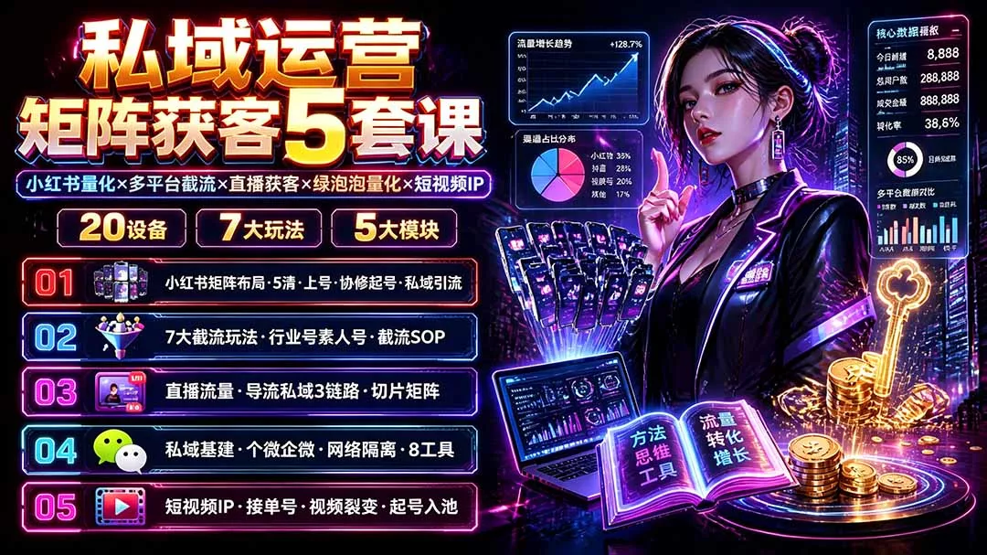 私域运营矩阵获客5套课：小红书量化×多平台截流×直播获客×绿泡泡量化×短视频IP×20设备×7大玩法-知峰社