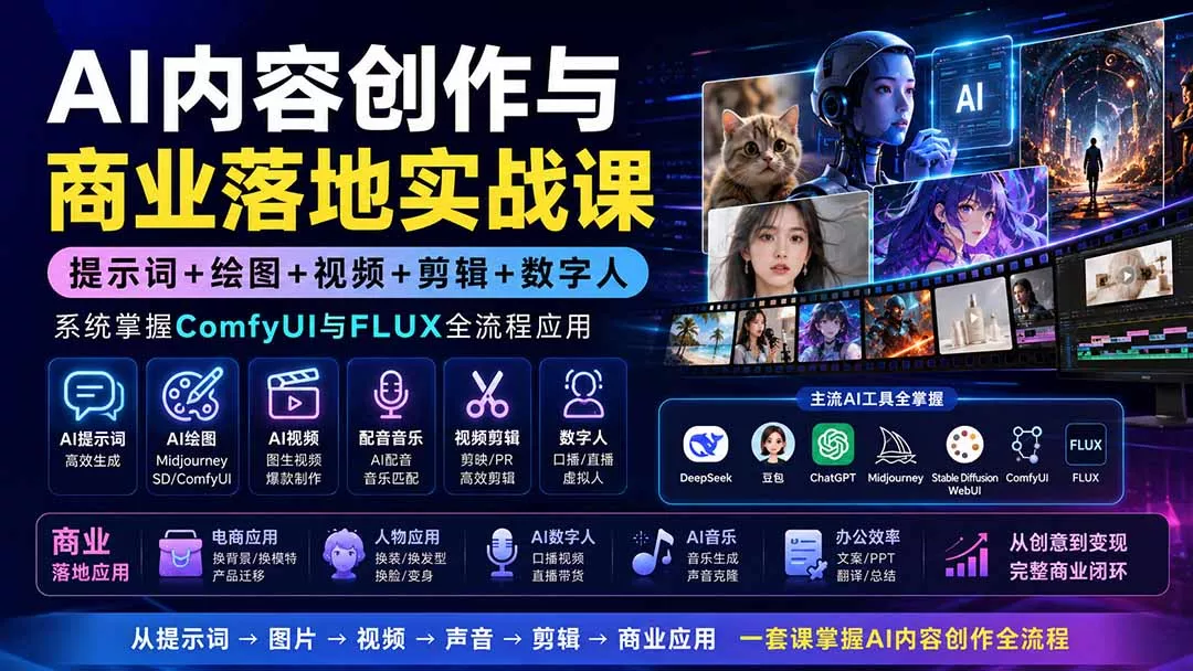 AI内容创作与商业落地实战课：提示词+绘图+视频+剪辑+数字人，系统掌握ComfyUI与FLUX全流程应用-知峰社
