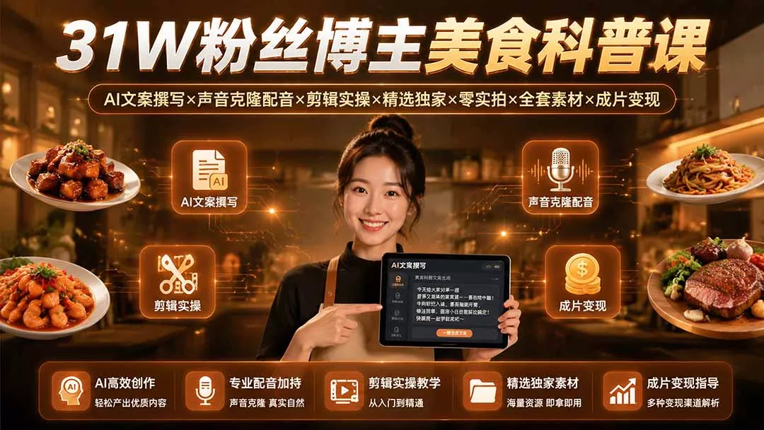 31W粉丝博主美食科普课:AI文案撰写×声音克隆配音×剪辑实操×精选独家×零实拍×全套素材×成片变现-知峰社