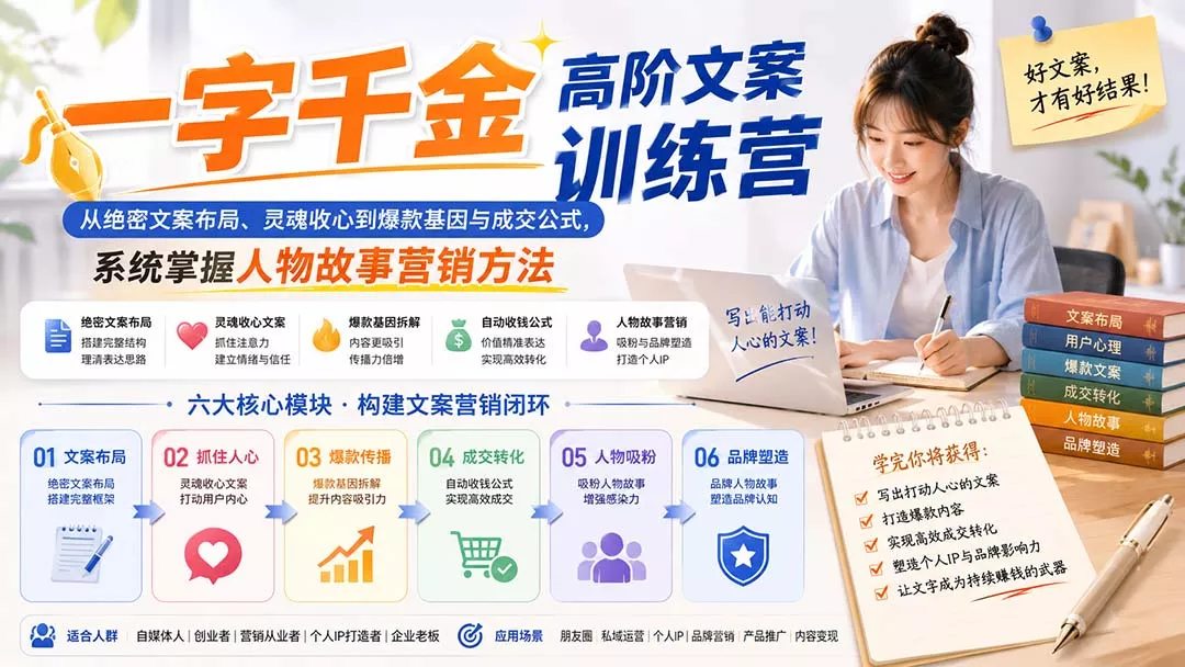 一字千金高阶文案训练营：从绝密文案布局、灵魂收心到爆款基因与成交公式，系统掌握人物故事营销方法-知峰社