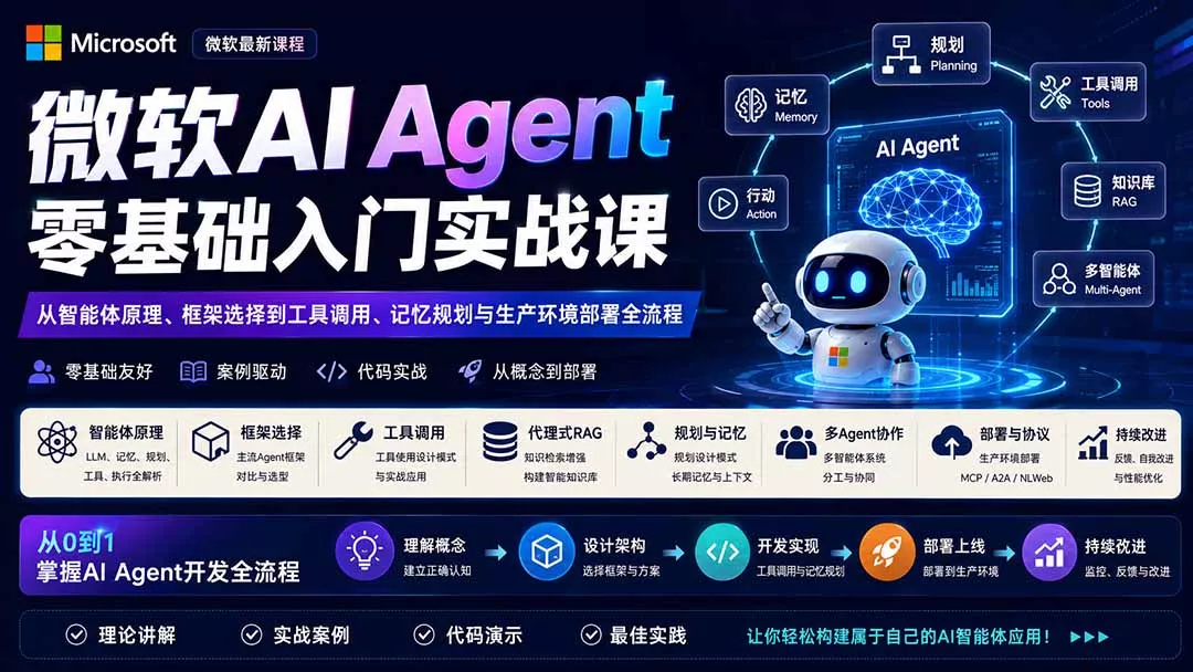 微软AI Agent零基础入门实战课:从智能体原理、框架选择到工具调用、记忆规划与生产环境部署全流程-知峰社