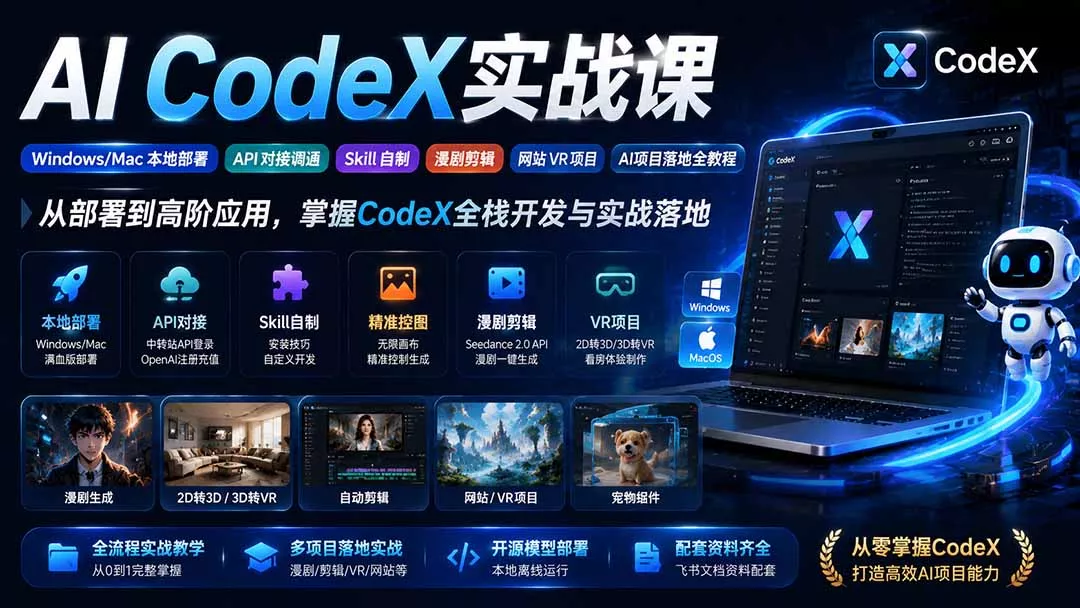 AI CodeX实战课｜Windows/Mac 本地部署｜API 对接调通｜Skill 自制｜漫剧剪辑｜网站 VR 项目｜AI项目落地全教程-知峰社