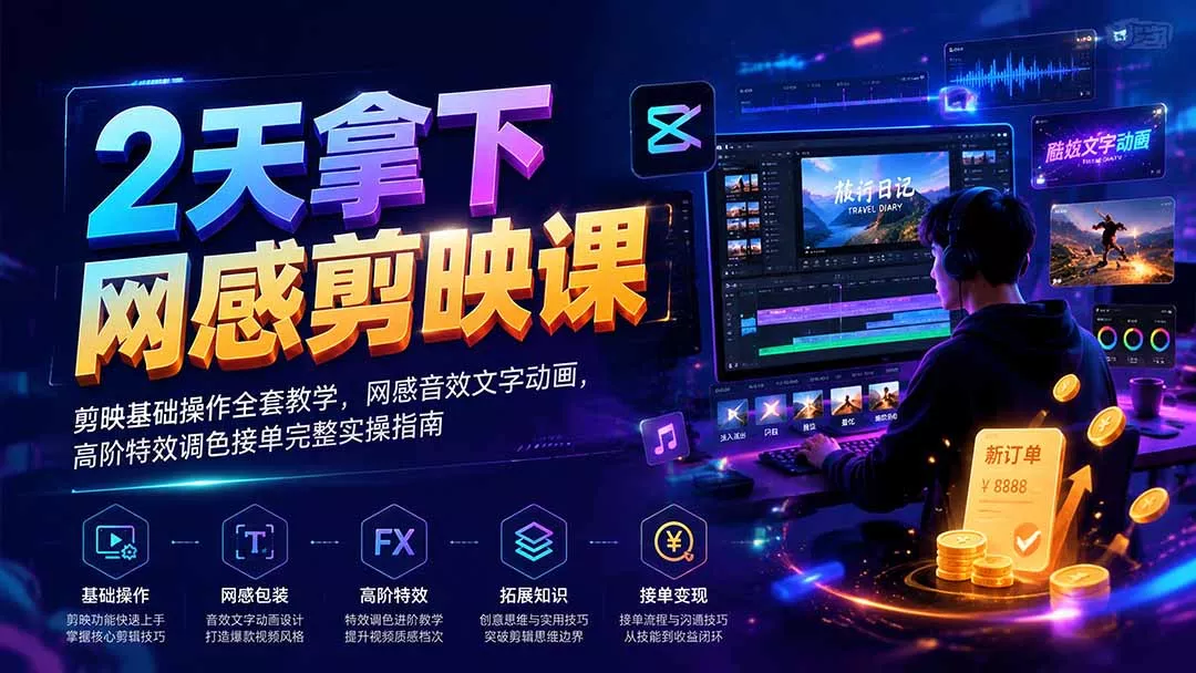 2天拿下网感剪辑课|剪映基础操作全套教学,网感音效文字动画,高阶特效调色接单完整实操指南-知峰社