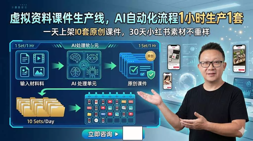 虚拟资料课件生产线，AI自动化流程1小时生产1套，一天上架10套原创课件，30天小红书素材不重样-知峰社