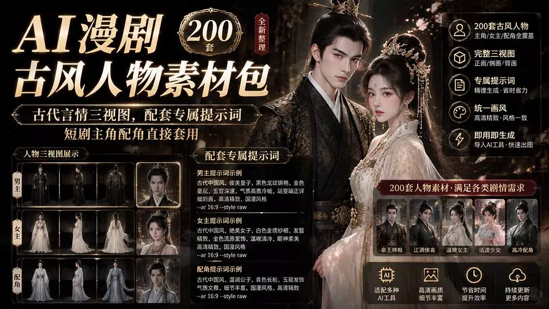 AI漫剧古风人物素材包+提示词｜200 套古代言情三视图，配套专属提示词短剧主角配角直接套用-知峰社