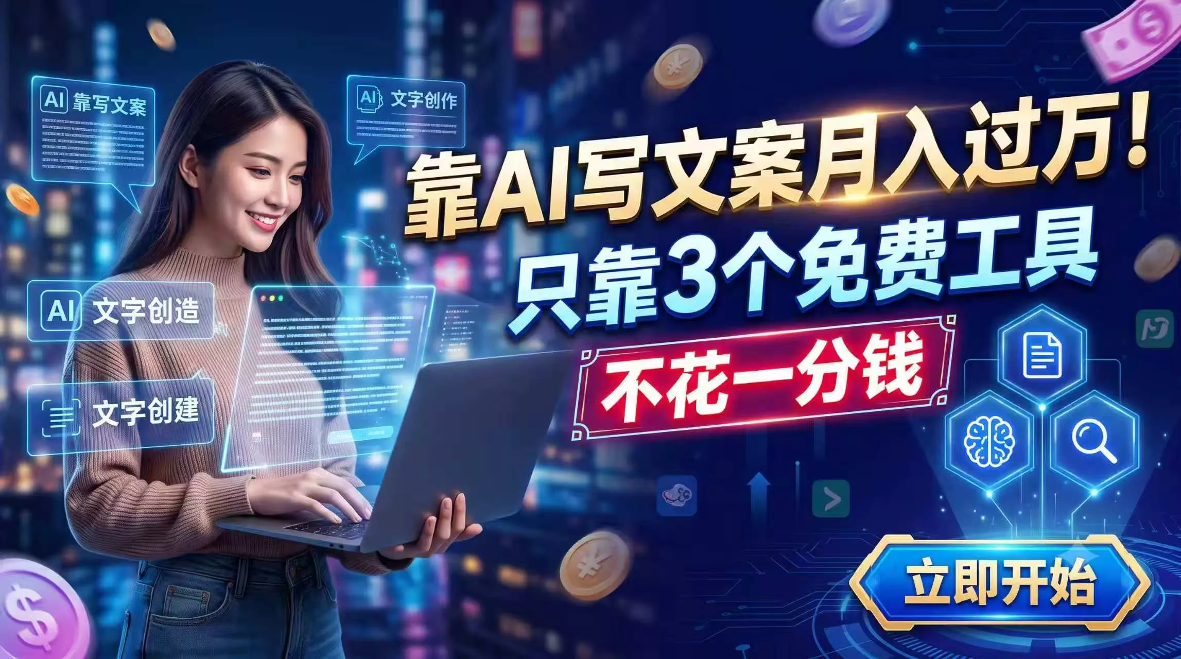 靠AI写文案月入过万，只靠3个免费工具，不花一分钱-知峰社