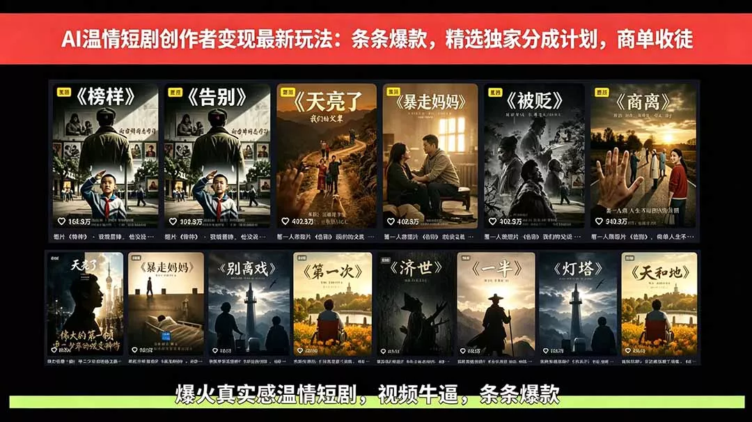 AI温情短剧创作者变现最新玩法：视频牛逼，条条爆款，精选独家分成计划，商单收徒-知峰社