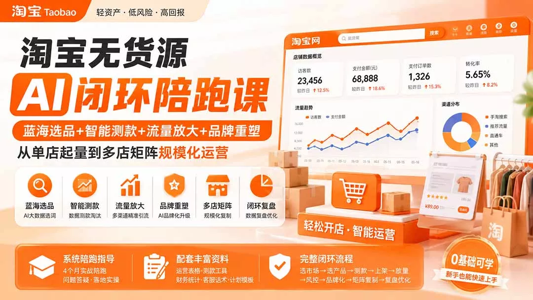淘宝无货源AI闭环陪跑课:蓝海选品+智能测款+流量放大+品牌重塑,从单店起量到多店矩阵规模化运营-知峰社