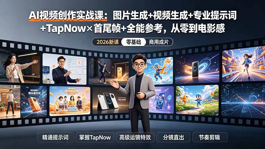 AI视频创作实战课：图片生成+视频生成+专业提示词+TapNow×首尾帧+全能参考，从零到电影感成片-知峰社