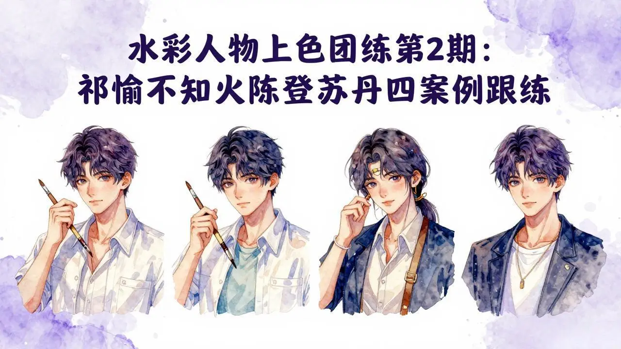 水彩人物上色团练第2期：祁煜不知火陈登苏丹四案例跟练，手把手提升绘画能力-知峰社