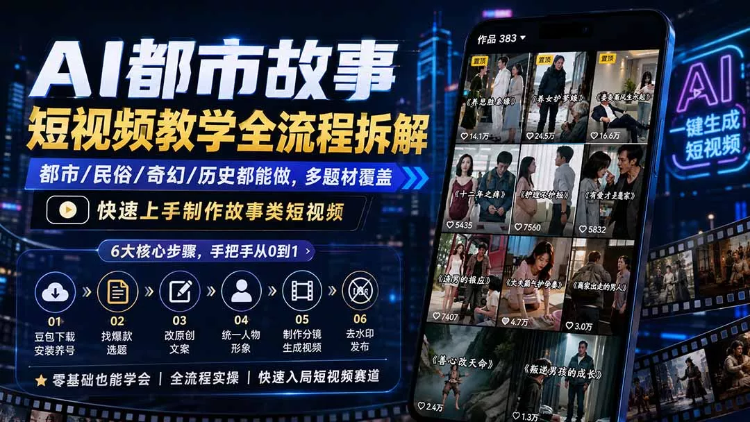 AI都市故事短视频教学全流程拆解；都市/民俗/奇幻/历史都能做多题材覆盖，快速上手制作故事类短视频-知峰社