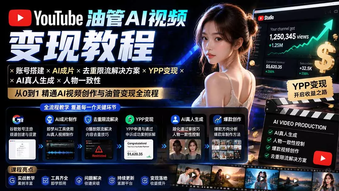 YouTube油管AI视频变现教程-更新：账号搭建×AI成片×去重限流解决方案×YPP变现×AI真人生成×人物一致性-知峰社
