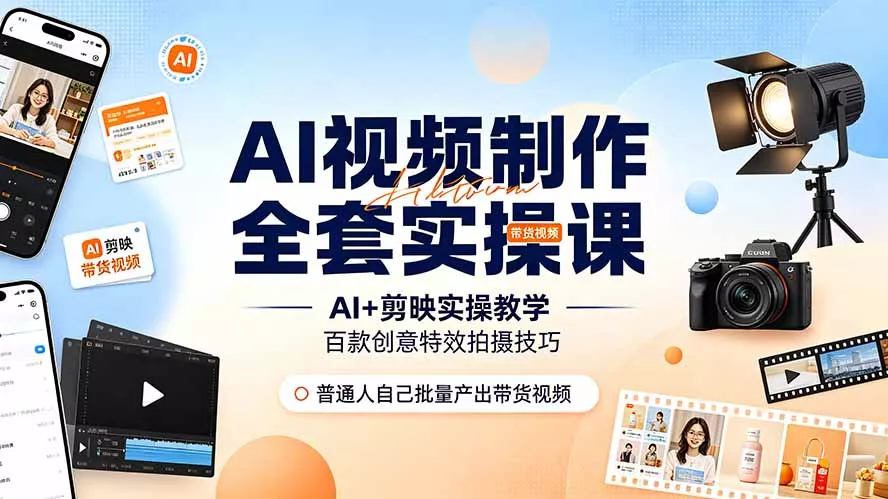 AI视频制作全套实操课,多款AI工具搭配剪映教学,百种特效运镜拍摄实操,抖音账号带货运营全覆盖-知峰社