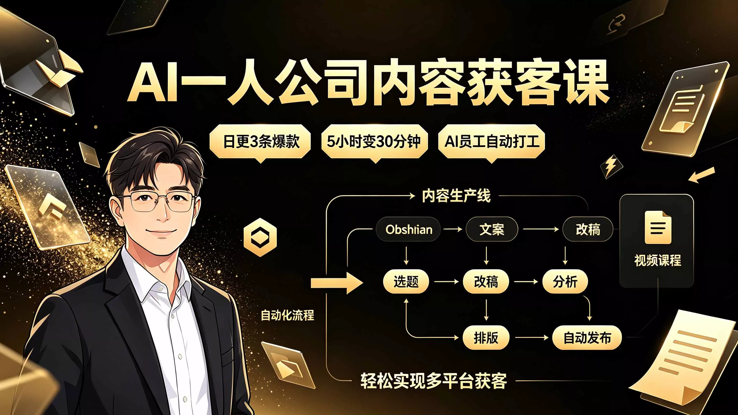 AI一人公司内容获客课:日更3条爆款×5小时变30分钟×AI员工自动打工,轻松实现多平台获客-知峰社