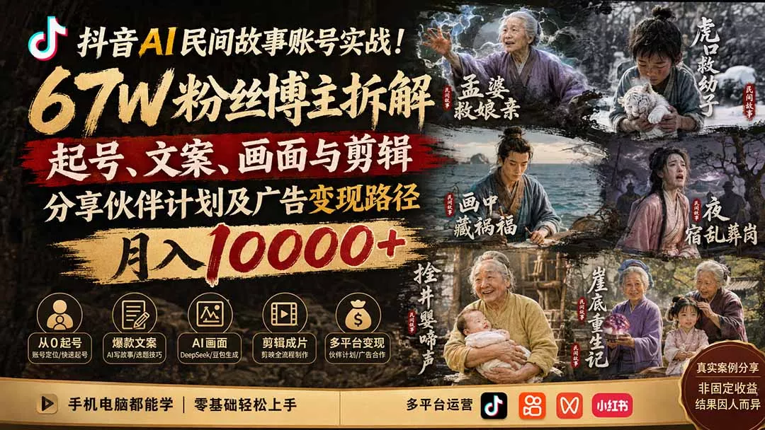 抖音AI民间故事账号实战！67W粉丝博主拆解起号、文案、画面与剪辑，分享伙伴计划及广告变现路径，月入10000+-知峰社