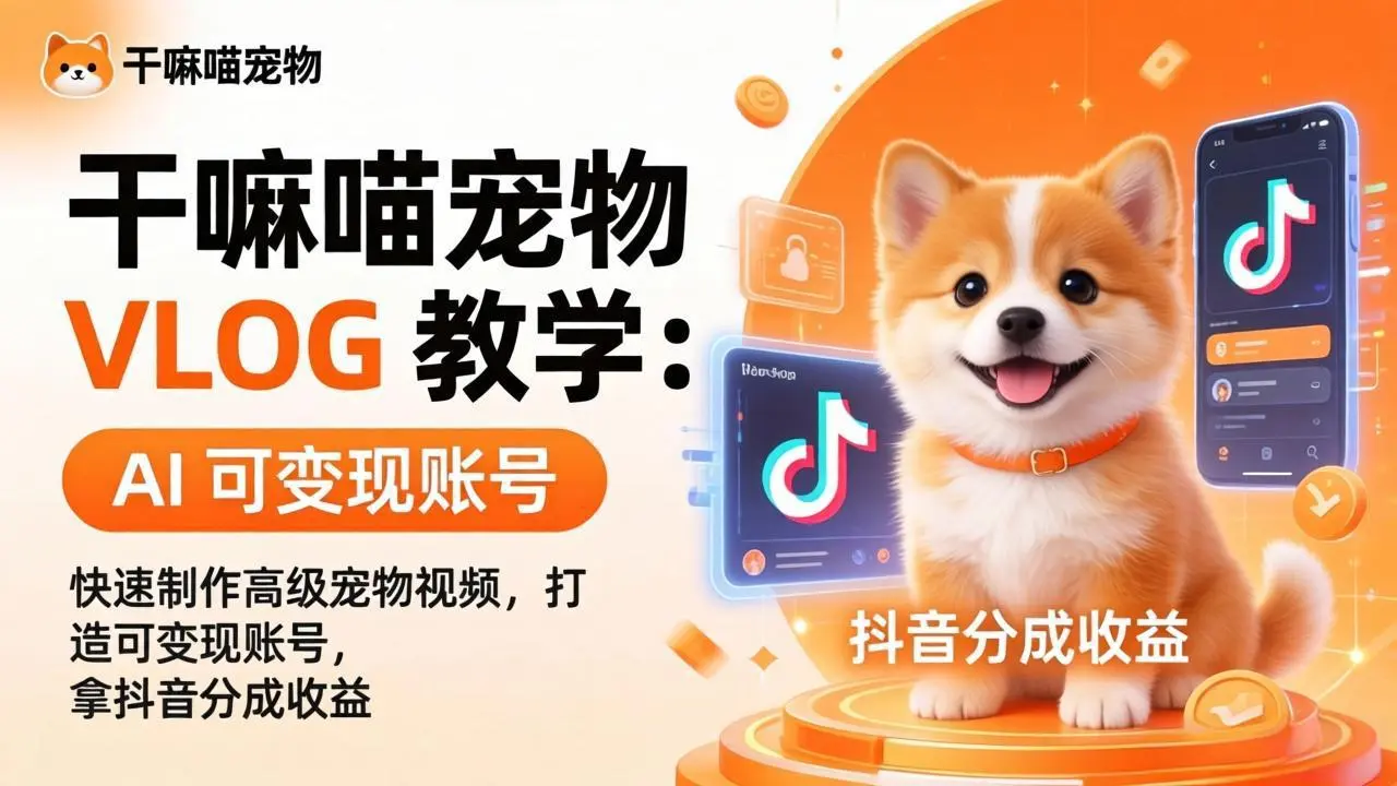 干嘛喵宠物 VLOG 教学：AI 快速制作高级宠物视频，打造可变现账号，拿抖音分成收益-知峰社