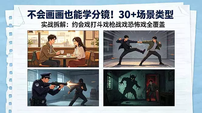 不会画画也能学分镜！30+场景类型实战拆解：约会戏打斗戏枪战戏恐怖戏全覆盖-知峰社